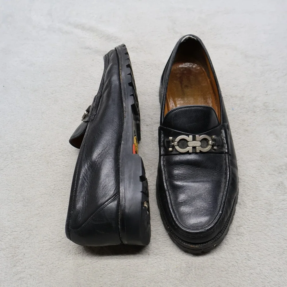 Salvatore Ferragamo Men 9EE Loafers BLK Gancini Leather Slip On Dress Casual VTG